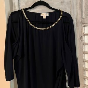 ✨NWOT Large Michael Kors Navy Blue Gold Chain Blouse 3/4 Sleeve Shoulder Cut✨